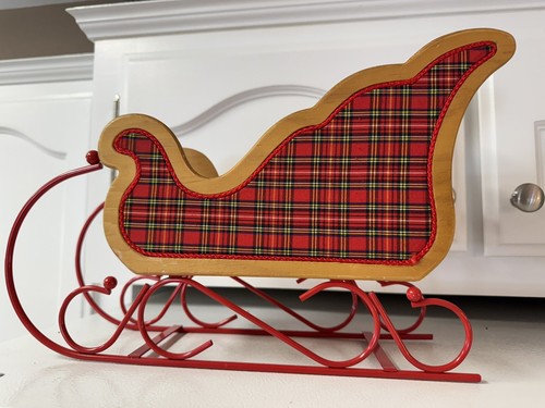 Vintage Wood / Metal Tabletop Sleigh (Red/Black Plaid) Christmas Decor