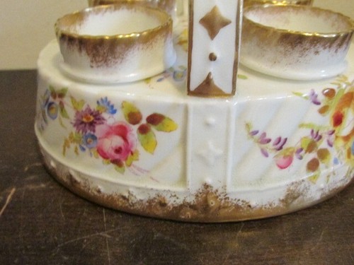 Antique Porcelain Egg Holder Set In Basket Flowers Roses Gold - Picture 3 of 14