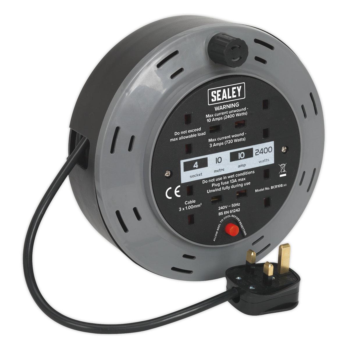 Casete Tipo Carrete Cable 10m 4 X 230V 1.00mm ² Térmico Viaje Sealey BCR10B por Casete Tipo Carrete Cable 10m 4 X 230V 1.00mm ² Térmico Viaje Sealey BCR10B por