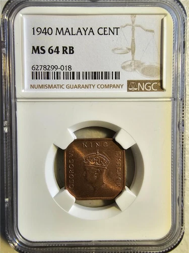 Malaya 1 Cent 1940 NGC MS 64 RB