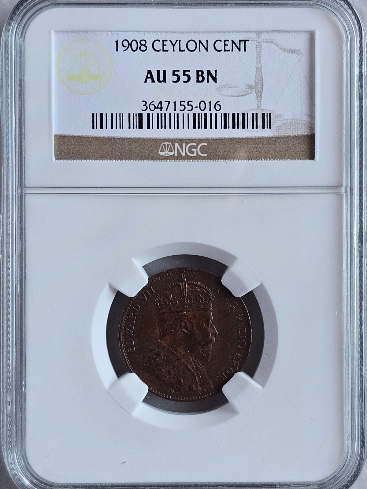 Ceylon 1 Cent 1908 NGC AU 55 BN