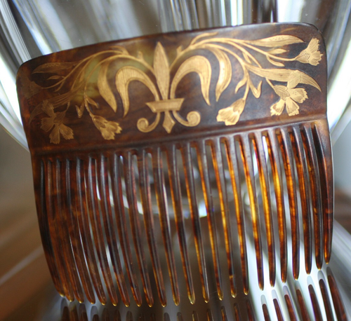 antique *Vintage Brown Celluloid 18K Gold Inlay Fleur De Lis + Large Hair Comb*