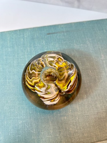 Vintage Paperweight Hand Blown Glass Hollow Center Small Art Glass Yellow Brown - Picture 2 of 6