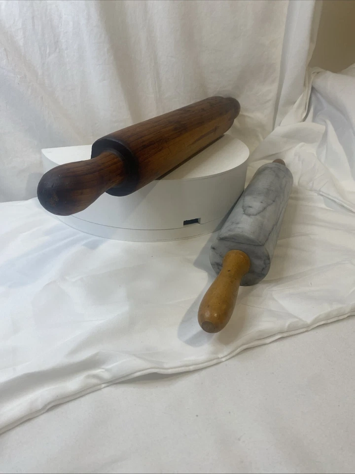Mármol para hornear cocina vintage (pesado y madera 18" pasadores enrollables asas de madera Foto 2 de 4
