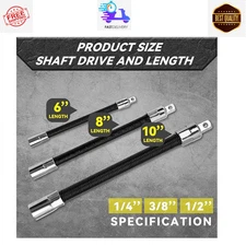 3-Piece Flexible Socket Extension Bar Set 1/2" 1/4" 3/8" Shaft Drive 10" 8" 6"