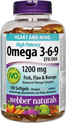 Webber Naturals Omega 3-6-9 High Potency 1200 mg  Fish, Flax & Borage, 180 Gels