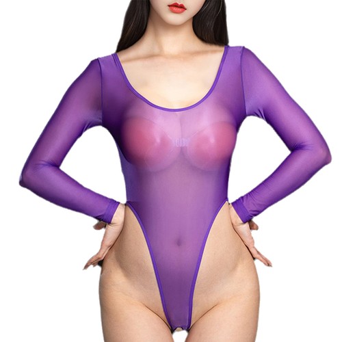 Body lencería transparente transparente sedosa entrepierna abierta leotardo corte alto para mujer - Imagen 17 de 27