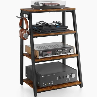 X-COSRACK 4-Tier AV Media Stand with 2 Hooks,Heavy Duty Stereo Cabinet Black