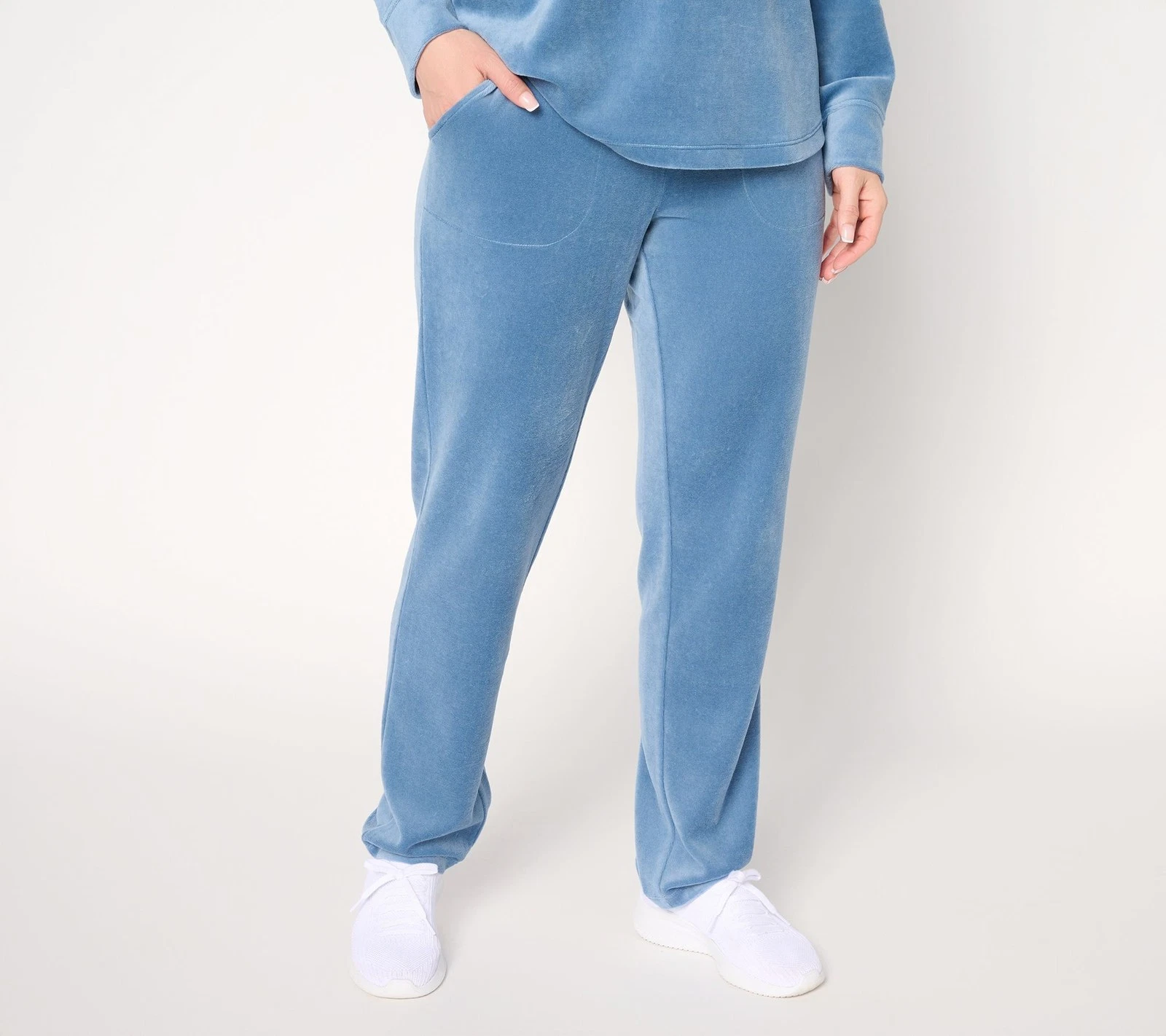 Denim & Co. Women's Petite Pants PM Active Velour Strght Leg Pant Blue A673405