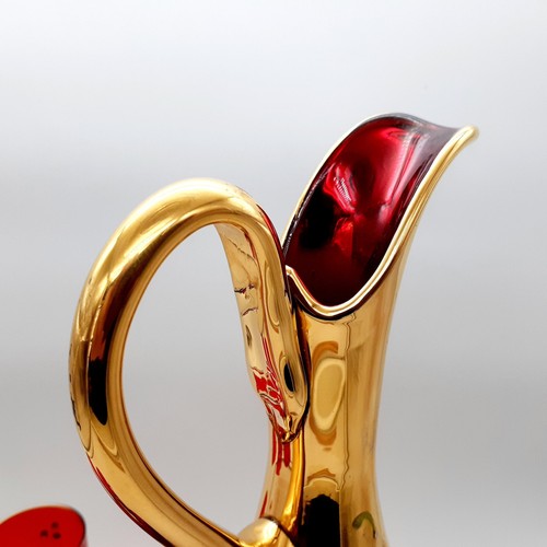 Vintage Bohemian Ruby Red Gold Enamel Hand Painted Decanter Ewer 6 Cordial Set - Picture 11 of 12