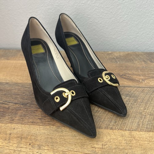 Coach Sarrah Black Suede Leather Pointed Toe Gold Buckle Heel Pumps Italy Sz 6