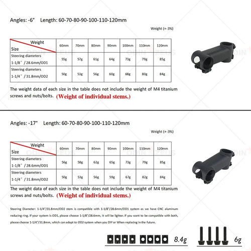 -6/17 Degree IX2 Bicycle Stem Fork 28.6/31.8mm Carbon Ultralight 80-120mm - Picture 2 of 43