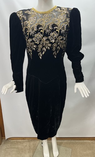 Vtg Jessica McClintock Black Velvet Gold Sequin Puffy Mutton Sleeve Sz 12 - Picture 2 of 16