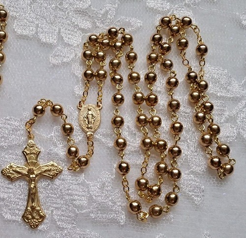 All Gold Druk Czech Glass Bead Rosary in Gold - Picture 3 of 8