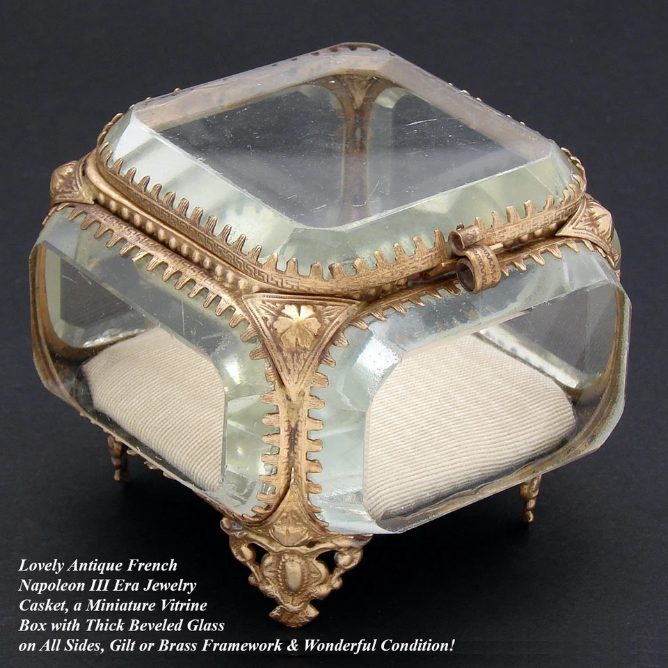 Antique Napoleon III Jewelry Casket, Miniature Vitrine Box, Thick Beveled Glass - Image 2 of 4