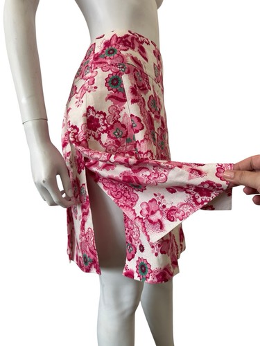Burberry pink white floral linen A line mini knee pleated panel slits skirt UK10 - Picture 6 of 14