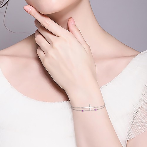Sterling Silver Cross Birthstone Bracelet: Women Cross Month Stone Double Layer - Imagen 5 de 5