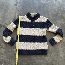 Size M Gap Kids Cable Knit Sweater Blue White Stripe Sherpa Lined Quarter Button