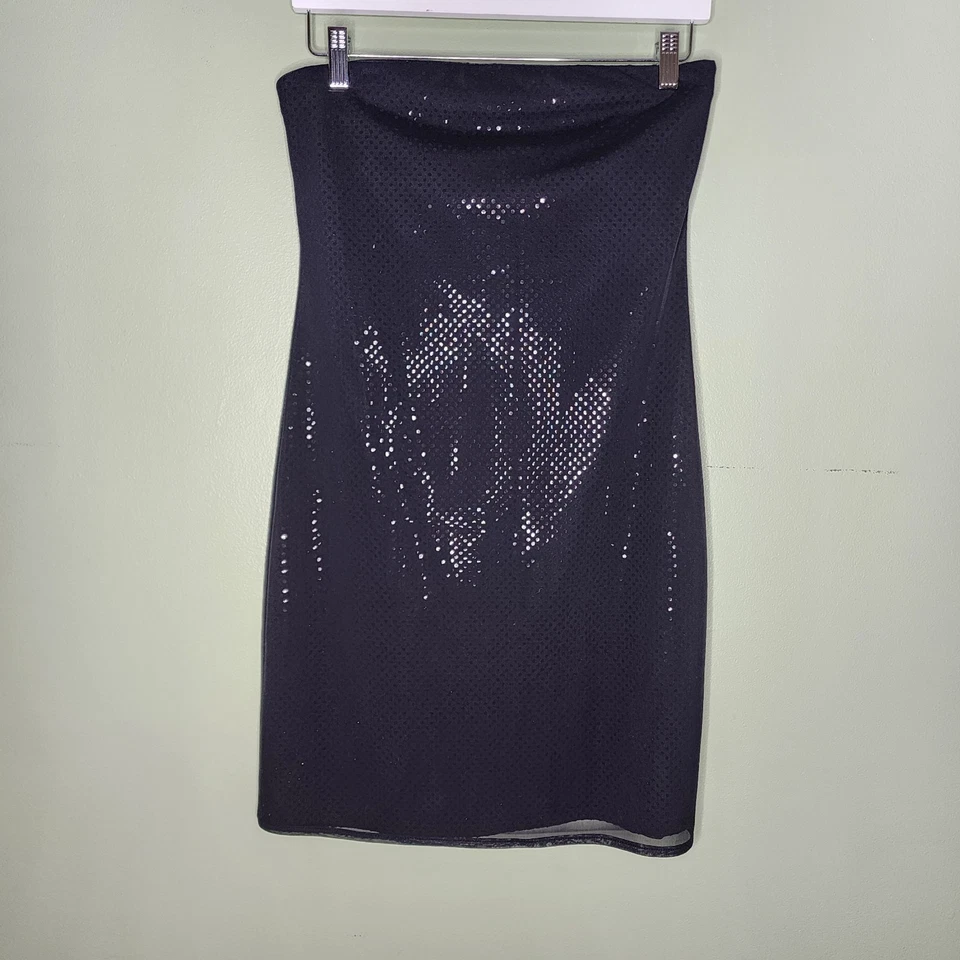 Mini Vestido Vintage Y2K Negro Lentejuelas Sin Tirantes Malla Superposición Fiesta Club 9/10 Foto 4 de 4