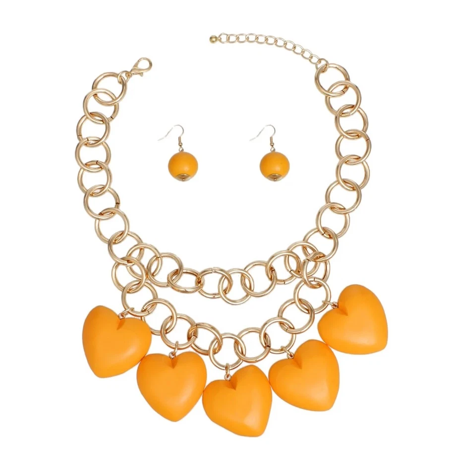 Grueso Naranja Madera Corazón Cuentas Dije Gota Chapado en Oro Capas Babero Collar Conjunto Foto 4 de 4