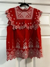 ANTHROPOLOGIE Size 4 - Featherbone Briar Embroidered Eyelit Top - Scarlet Red
