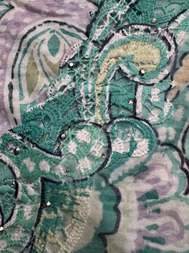 Alfred Dunner XL Top Green Paisley Lace Rhinestone Trimmed Neck 3/4 Sleeve New - Picture 6 of 13