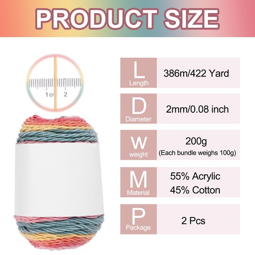 Acrylgarn zum Häkeln, 422 Yard (2 Pack x 100g, Gelb, Pink, Orange, Rot, Blau) - Bild 2 von 6