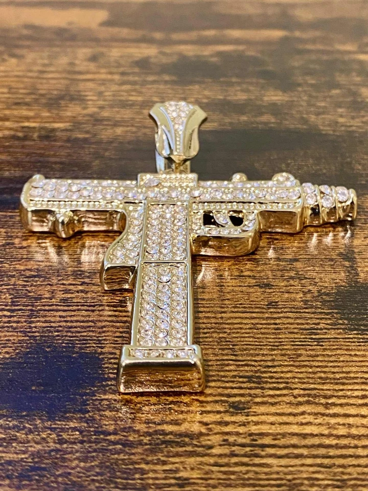 Lujoso Colgante Pistola UZI Grande Tono Oro 14k Circonita Helada HipHop Bling Joyería Foto 3 de 4