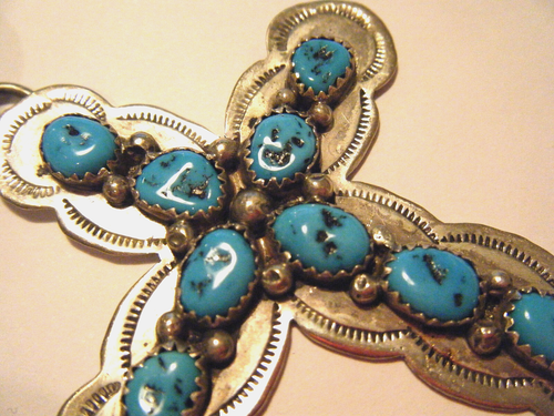 Very Large Vintage Cross Charlene Yazzie Navajo Sterling Silver and Turquoise - Picture 3 of 5