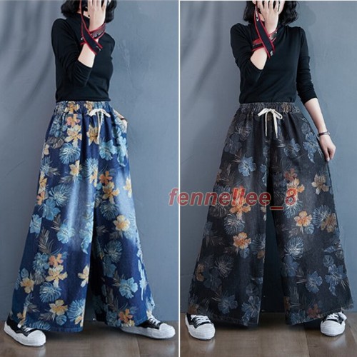 Ethnic Women Floral Denim Pants Wide-leg Jeans Trousers Loose Baggy Casual Retro - Picture 9 of 13