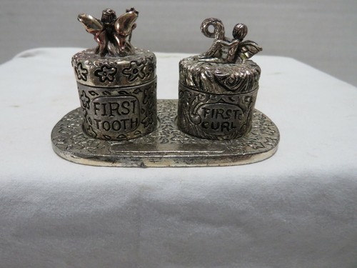 BABY'S FIRST TOOTH & FIRST CURL PEWTER TRINKET BOXES ON TRAY-FARIES S01-25 - Picture 1 of 6