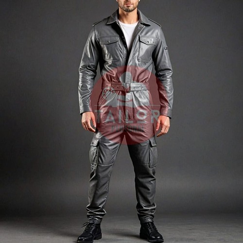 HERREN ECHT WEICHES LEDER GRAU CATSUIT DURCHGEHENDER REISSVERSCHLUSS OVERALL BODYSUIT JUMPSUIT