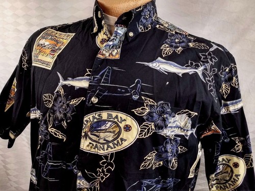 Mens Big Tall Hawaiian Shirt Casual Camp Bimini Bay Cotton Black Cabo Madeira L - Picture 2 of 12