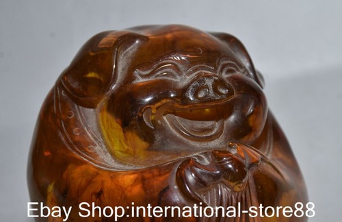 4.8" Old Chinese Red Amber Carving Feng Shui Pig Bat Lucky Sculpture - Picture 5 of 11