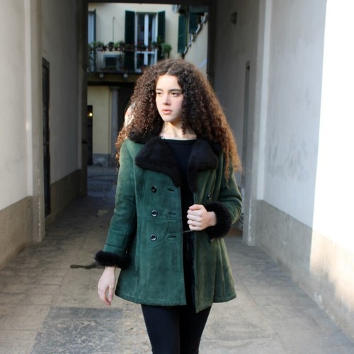 Cappotto pelle verde in montone shearling interno nero donna vintage originale - Foto 4 di 13
