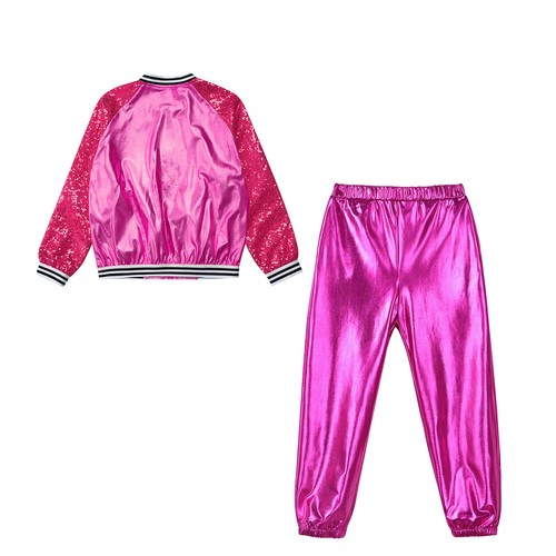 Girls Shiny Metallic Hip Hop Jackets Shiny Sequins Pants Ballroom Dancewear - Bild 15 von 52