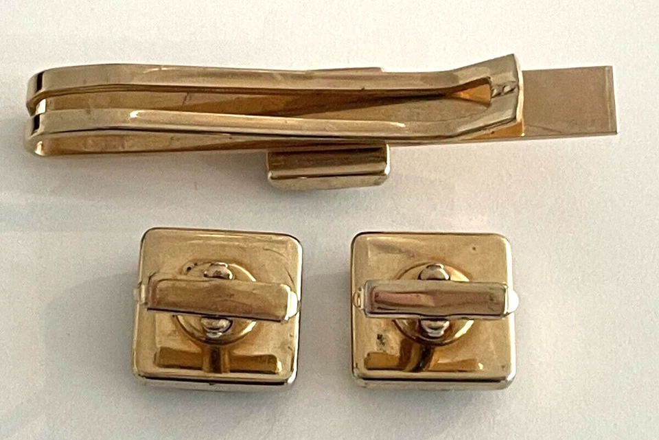 Vintage Anson Cufflins & Tie Bar Clip Set Gold With Silver Confetti 1960's - Image 4 of 4