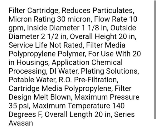(2 pack) Avs30m20 30 Micron, 2-7/16" O.D., 20 In H, Melt Blown Filter Cartridge - Picture 4 of 4