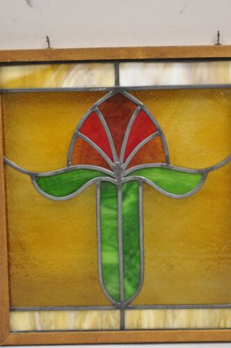 Piccole finestre antiche Art Nouveau vetro colorato piombo rosso verde fiore - una coppia - Foto 5 di 12