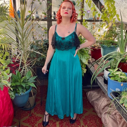 Vintage Teal Night Gown With Black Floral Lace Bust Sz M - Picture 9 of 10