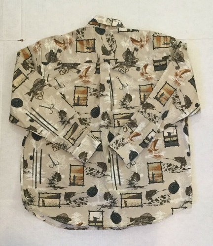 Men's Fishing Fish Print Shirt Sz L Lure Reel Long Sleeve Button Down Natural - Picture 3 of 3