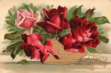 Cheer Birthday Basket of Red Roses Flowers Greetings Antique Postcard 1909