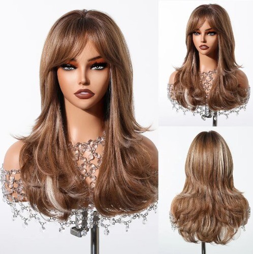 Grey Layered Synthetic Natural Wig Medium Length Straight Wig with Bangs Wigs - Picture 17 of 43