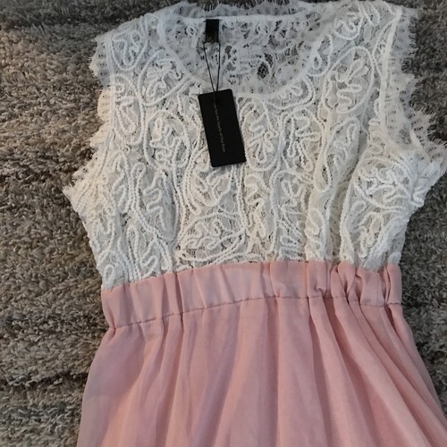 OQC Damen rosa Chiffon lang ärmellos transparent Spitze Kleid Größe Large X12 - Bild 3 von 5
