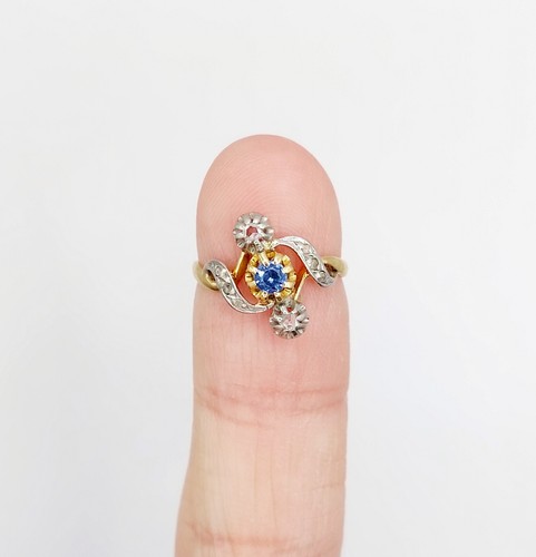 Anillo antiguo de oro de 18k azul zafiro y diamantes tallas rosadas (alrededo... - Imagen 8 de 8
