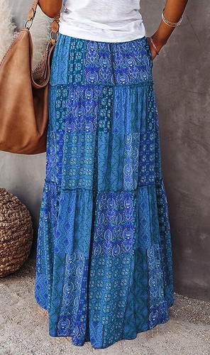 Women Ruffle Boho Maxi Skirt Pleated A Line Skirt Bohemian Long Beach Flowy Skir - Picture 4 of 14