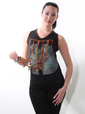 -50% Sexy Top von Save the Queen XL = 42, schwarz bedruckt, Applikationen, NEU