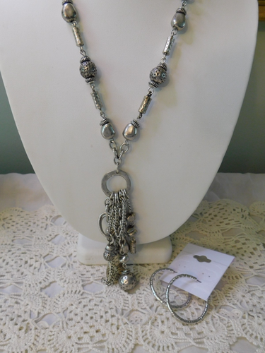 Juego de collar y pendientes de aro de cadena con borla plateada - Imagen 2 de 7