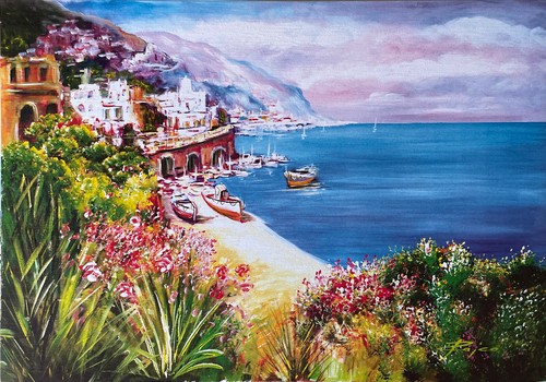 Beautiful Painting 56x46cm By. Rajco - Blumenparadies At Sea Antique Repro Loo - Picture 3 of 3