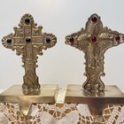 Pair Of Ornate Brass Jeweled Cross Stocking Hangers, Set of Two